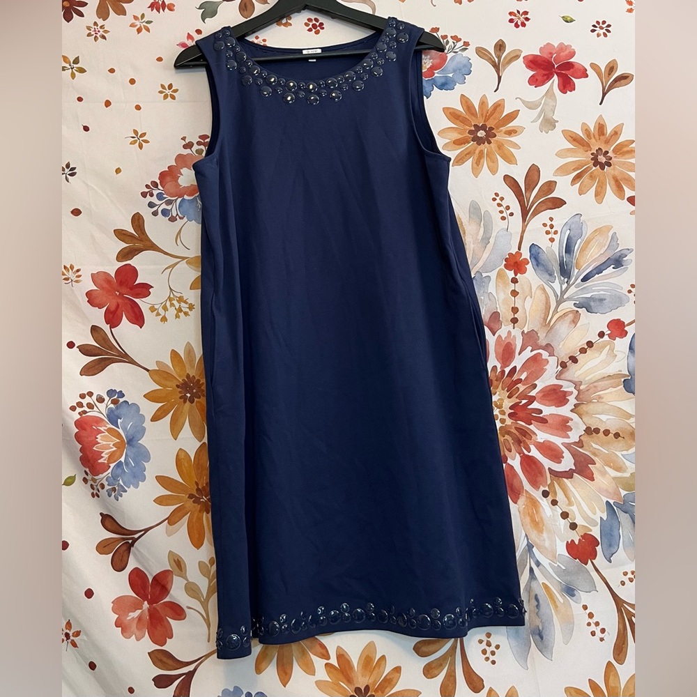 J. Crew L Dress Navy Dark Blue Bubble Beaded Trim Sheath Sleeveless Side Pocket